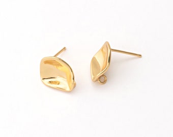 4PCS - Square Leaf Stud Earrings, Rectangle Shape Post Earring, Jewelry Making, 925 Sterling Silver Stick, Real 14K Gold Plated [E0127-PG]