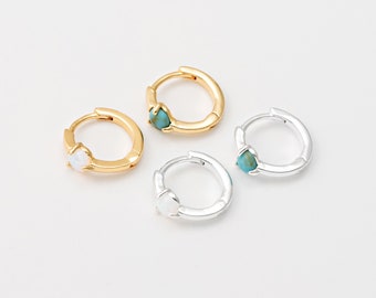 4PCS - Opal Huggies, Turquoise Huggie Hoops, Opal One Touch Earrings, Real 14K Gold & Silver Plated [E0525]