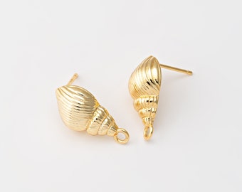 2PCS - Gold Conch Shell Stud Earring, Brass Shell Post Earrings, Jewelry Making Craft Supplies, Real 14K Gold Plated [E0809-PG]