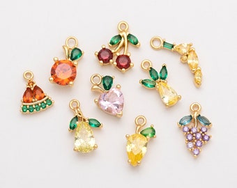 2PCS - Cubic Fruit Charm, Fruit Pendants, CZ Fruit Charm, Tropical fruit Cubic Zirconia Charm, Real 14K Gold Plated [P1202-PG]