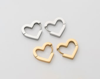 2PCS - Heart Huggie Hoop Stainless Steel Earrings, Small Heart One Touch Earrings, Tiny Heart hoops, Real 14K Gold & Rhodium Plated [E0731]