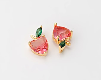 4PCS - Peach Dangle Fruit Charm, Gold Pink Peach Pendants, Glass Jewelry Making, Real 14K Gold Plated [HL0018-PG]