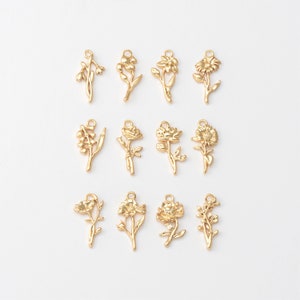 4PCS Mother's Day jewelry Charm, Gold Flower Dangle Charms, Birth Flower Personalized Necklace Pendant, Real 14K Gold Plated P1523-PG image 2
