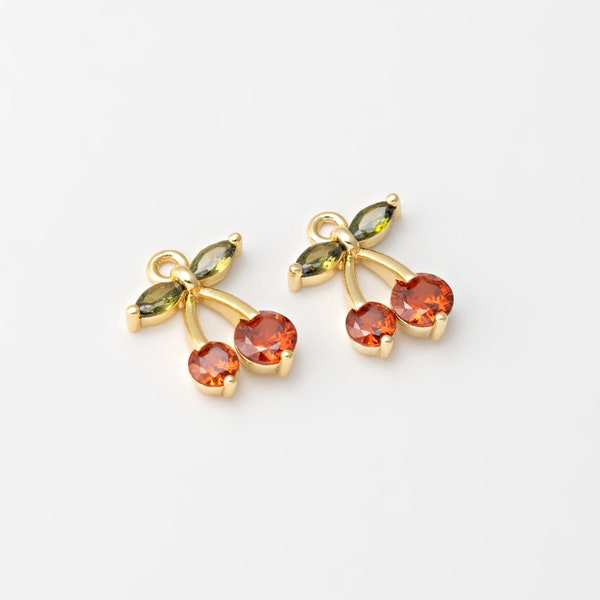 2PCS - Cherry Pendants, Fruit Dangle Charm, Red Cherry Glass Charm, Real 14K Gold Plated [HL0017-PG]