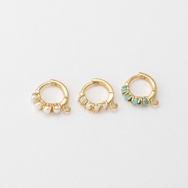 2PCS - 12mm Opal Pearl Turquoise Hoops, Minimalist Dangle One Touch Earrings, Huggie Hoops, Real 14K Gold Plated [E0524-PGJR]