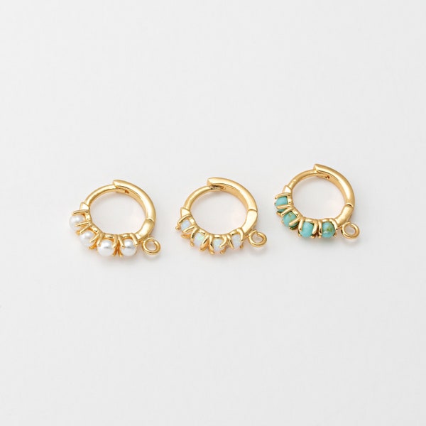 2 STUKS - 12 mm Opal Pearl Turquoise Hoops, Minimalistische Dangle One Touch Oorbellen, Huggie Hoops, Echt 14K Verguld [E0524-PGJR]