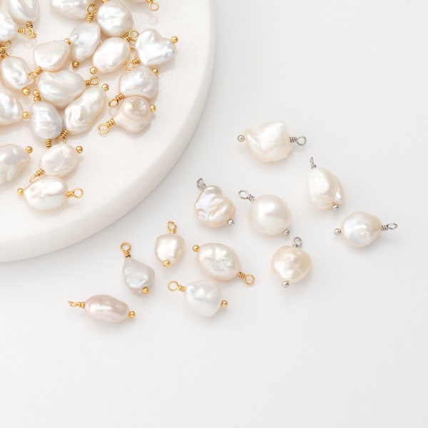 2,50PCS - Fresh water pearl charms, Baroque pearl charms, pearl charm Necklace Pendant, Real 14K Gold & Rhodium Plated [P0968]