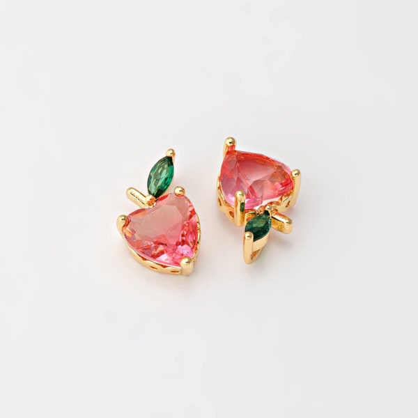 4PCS - Peach Dangle Fruit Charm, Gold Pink Peach Pendants, Glass Jewelry Making, Real 14K Gold Plated [HL0018-PG]