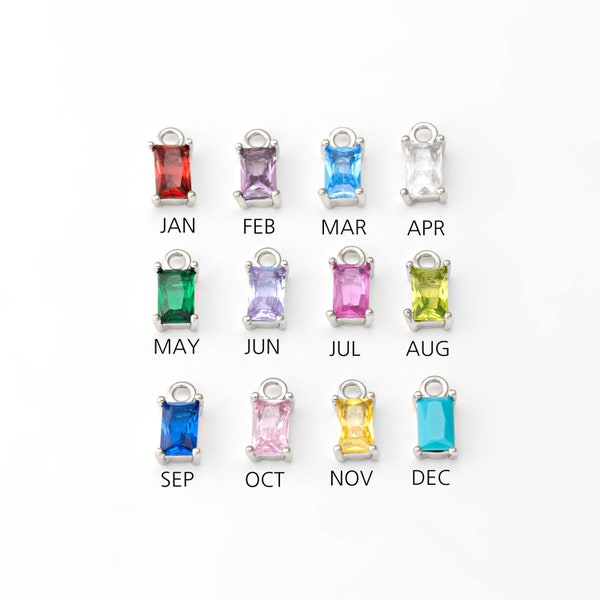 4PCS - Baguette Cubic Zirconia Charm, Square Birthstone Charms, Tiny Dangle CZ Charm, Color CZ Silver Charm, Rhodium Plated [P1271-PR]