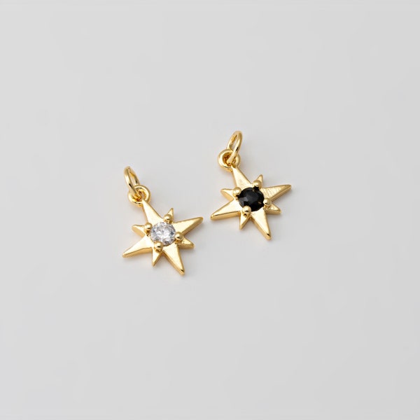 2PCS - Tiny Star Crystal Zircon Black Onyx Cubic Dangle Charm, Mini Star Pendant, Minimalist Jewelry, Real 14K Gold Plated [TT0099-PG]