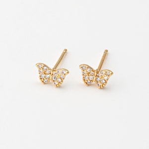 4PCS - Tiny Butterfly Pave Stud Earrings, Butterfly Post Earring, 925 Sterling silver stick, Real 14K Gold Plated [E0568-PG]