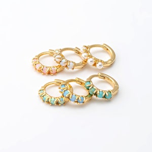 2PCS Opal Hoops, Opal One Touch Earrings, Huggie Hoops, Pearl Hoops, Turquoise Huggies, Real 14K gold earrings hoops Plated E0524-PG image 2