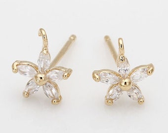 2PCS - Cubic Flower Post Earring, Stud Earrings,  925 Sterling silver stick, Real 14K Gold Plated, Jewelry Craft Supplies 1 pair  [E0212-PG]