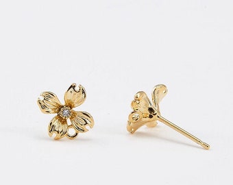 2PCS - Tiny Flower with cubic post Earring, flower dangle Stud Earrings , Post earrings, Real 14K Gold Plated [E0482-PG]
