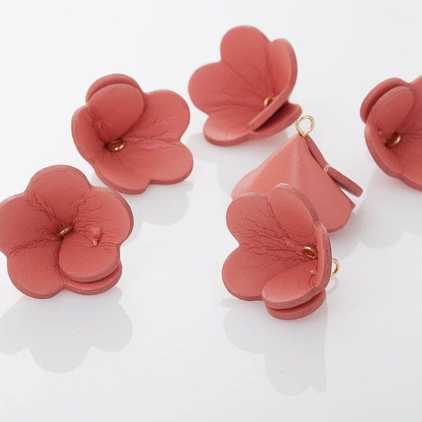 2PCS - Coral Pink Leather Flower Cap(Small),flower pendant layered  with Post Earring, making jewerly [E0390-CP]