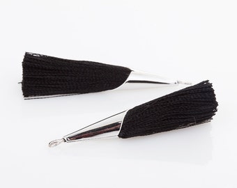 T0017-PRJT 2Pieces Large Black Thread Cone Tassel Jet Pendant Polished Rhodium-Plated