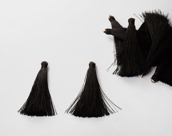 T0017-PRJT 2Pieces Large Black Thread Cone Tassel Jet Pendant Polished Rhodium-Plated
