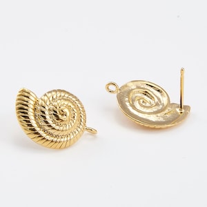 4PCS - Ammonite Brass Earring, Sea shell Post earrings,925 Sterling silver stick, Making Craft Supplies, Real 14K Gold Plated [E0488-PG]