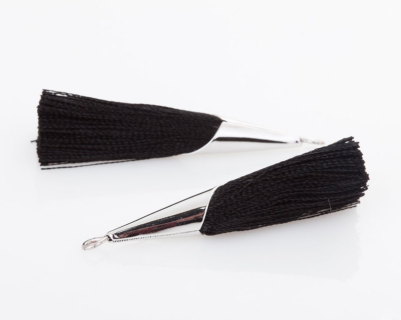 T0017-PRJT 2Pieces Large Black Thread Cone Tassel Jet Pendant Polished Rhodium-Plated