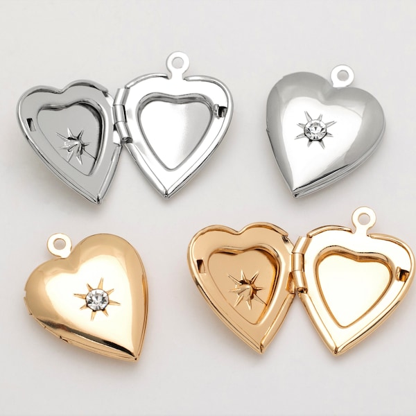 2PCS - Heart Cubic Locket Pendant, Locket Charm Necklace, Heart CZ Charms, 14K Gold & Silver Tone [P0820]