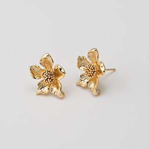 4PCS - Flower Dangle Post Earrings, Flower Stud Earrings, Nature Studs, Earring Making, Real 14K Gold Plated [E0526-PG]