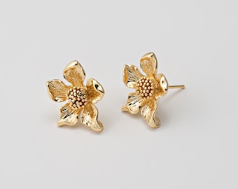 4PCS - Flower Dangle Post Earrings, Flower Stud Earrings, Nature Studs, Earring Making, Real 14K Gold Plated [E0526-PG]