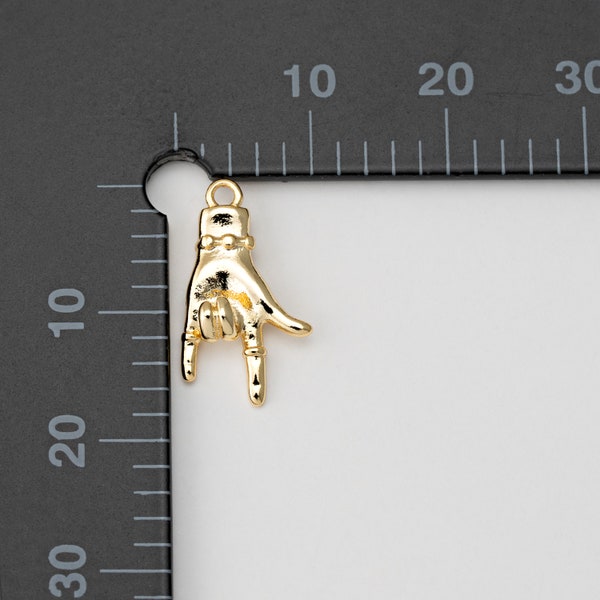 4PCS - Mano Cornuto Good Luck Sign Hand Gesture Charm, Rock and Roll Finger Pendant, Tiny Minimalist Charm, Real 14K Gold Plated [P1554-PG]