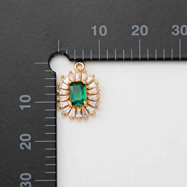 1PC - Gold Square Emerald Zircon Dangle Charms, Green Color Brass Pendant, Minimalist Jewelry Making, Real 14K Gold Plated [P1691-PG]