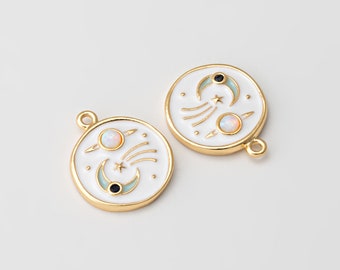 2PCS - Enamel Round Charm, Lovely Solar System Pendant, Celestial Charm, Jewelry Supplies, Jewelry Making, Real 14K Gold Plated [P1350-PG]