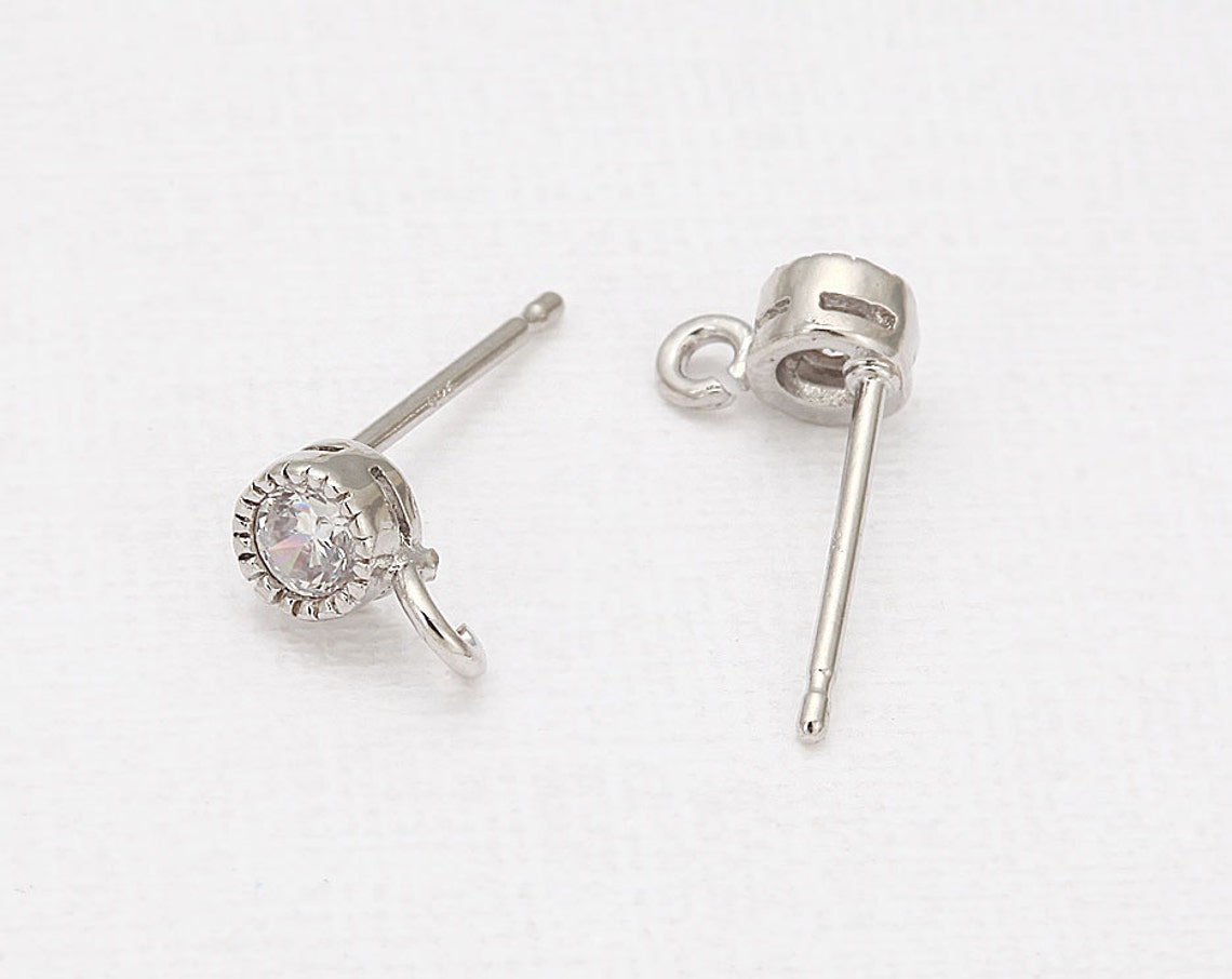 Cubic Round Post Earring Polished Rhodium Plated 2 Pieces Etsy