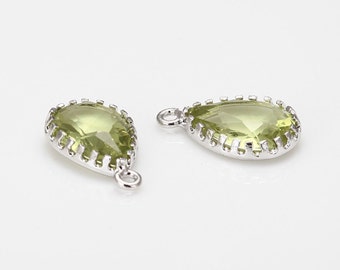 4PCS - Apple Green Glass Teardrop Pendant, Dangle Charm, Necklace Making, Rhodium Plated [G0021-PRAG]