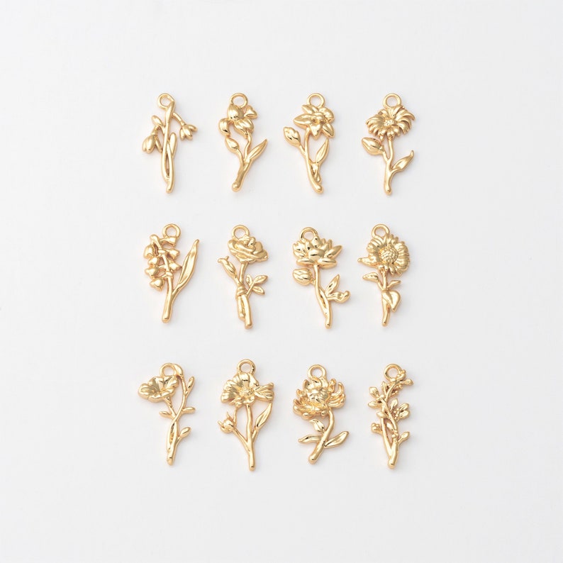 4PCS Mother's Day jewelry Charm, Gold Flower Dangle Charms, Birth Flower Personalized Necklace Pendant, Real 14K Gold Plated P1523-PG image 2