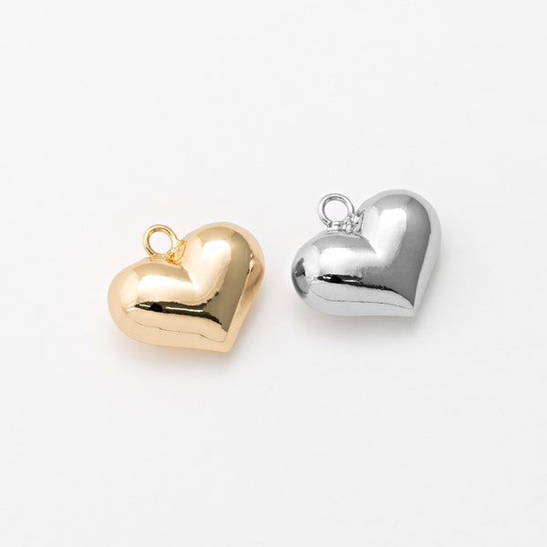 2PCS - Heart Charms, Chubby Heart Dangle Pendants, Love Heart Locket Charm, Real 14K Gold & Rhodium Plated [CB0215]