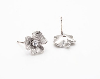 4PCS - Cubic Flower Post Earring, Cubic Zirconia Stud Earrings, Polished Rhodium- Plated [E0024-PR]