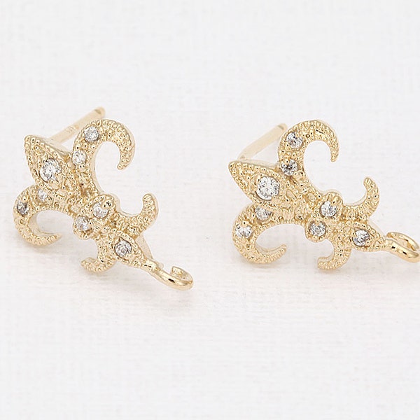 4PCS - Fleur-de-lis Post Earring, Brass Stud Earrings 925 Sterling silver stick, Real 14K Gold Plated  [E0108-PG]