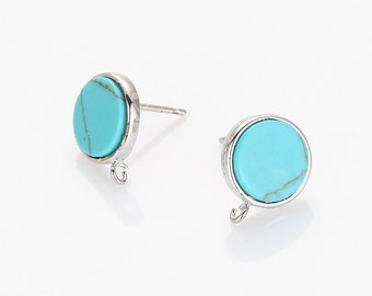 2PCS - 10mm Turquoise Flat Round Post Earring(Ring Crossed), Turquoise Flat Round Earring Polished Rhodium Plated [G0156E-PRTQ]