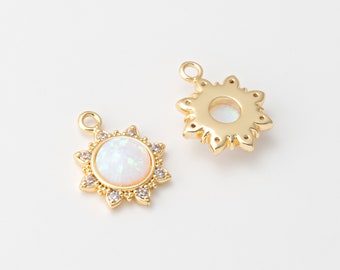 1PC - Sun Opal Charm, Round Opal Dangle Pendant, Pave Charms, Minimalist Jewelry Making, Real 14K Gold Plated [G0372-PG]