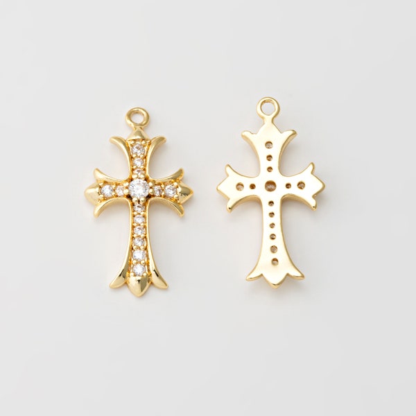 2 PCS - Croix de la Passion ovale en cz pavée, breloques religieuses croix, pendentif croix, collier en couches, plaqué or 14 carats véritable [P1578-PG]