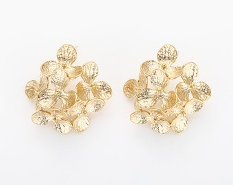 2PCS - 6 Leaf Flower Cluster Post Earrings, Gold Bouquet Stud Earrings, 925 Sterling silver stick, 14K Matte Gold Plated [E0415-MG]