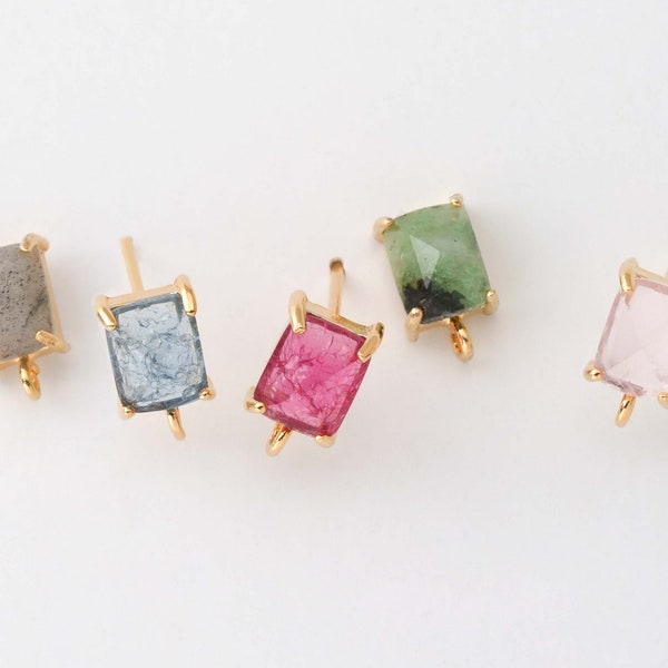 2PCS - 5x7mm Square Gemstone Post Earring, Rose Quartz, Jade Agate, Montana, Rectangular Earring component, Real 14K Gold Plated  [G0253-PG]