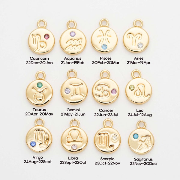 4PCS - Astrological Zodiac CZ Pendants, Constellation Necklace CZ Round charms, Birthstone Zodiac Charm, Real 14K Gold Plated [P1516-PG]