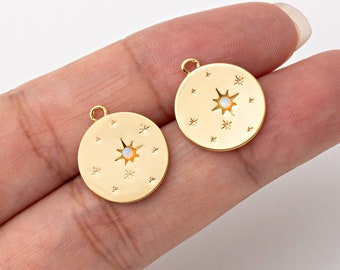 2PCS - 14mm Round Opal Pendant, Round Charms, Dangle Opal Star Charm, Real 14K Gold Plated [P0870-PG]