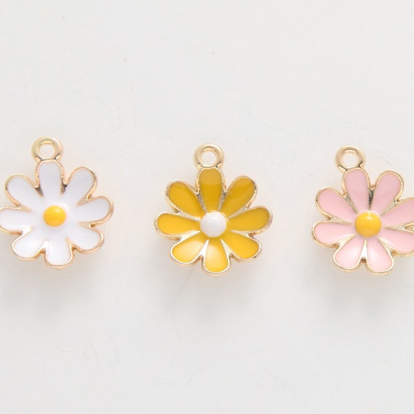 2PCS - Daisy Flower Enamel Charms, enamel flower pendant, 14K Gold Tone [P1275-PG]