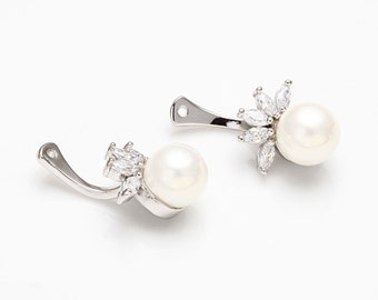 2PCS - Pearl Ear Jacket Earrings, Ear Cuff Earring, Wedding jewelry Supplies Polished Rhodium- Plated  [E0316-PR]