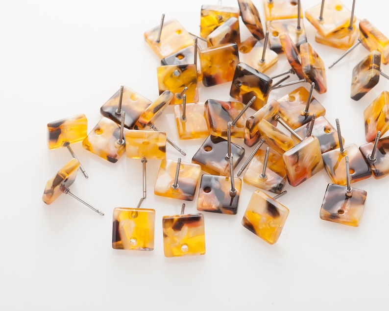 10mm Square Mixed Yellow color Post Earring AT0055-YW Acrylic supplies Hole in middle 2 Pieces earring supplies Acetate earring
