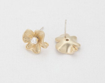 4PCS - Cubic Flower Post Earring, Flower Stud Earrings, Cubic Earrings, 925 Sterling Silver Stick, Real 14K Gold Plated [E0024-PG]