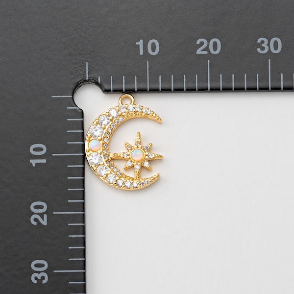 1PC - Moon & Star with Opal Pendant, Moon White Opal Charms, Making Necklace Supplies, Real 14K Gold Plated [G0307-PG]
