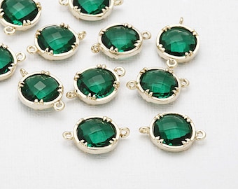 2PCS - Emerald Round Glass Connector (Medium) Polished Gold-Plated  <SS0015-PGEM>