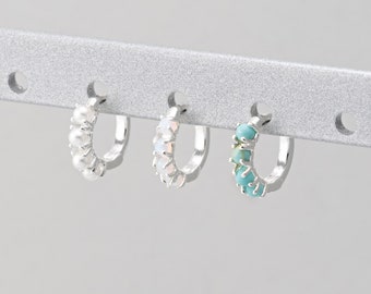 2PCS - Opal Hoops, Opal One Touch Earrings, Huggie Hoops, Pearl Hoops, Turquoise Huggies, Silver Plated [E0524-PS]