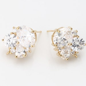 2PCS - Crystal Wedding Post Earring, CZ Round Gold Stud Earrings, 925 Sterling Silver Stick, Real 14K Gold Plated [E0147-PG]